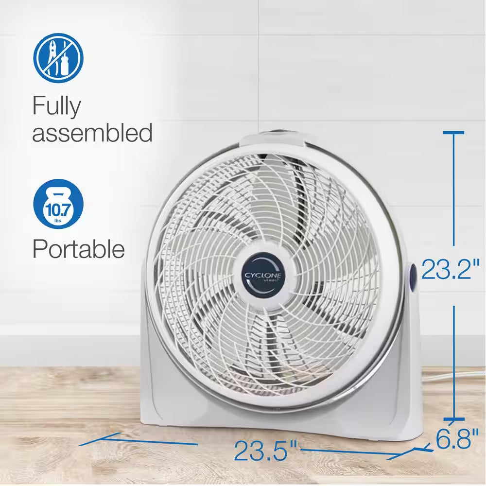 Cyclone 20 In. 3 Speed Air Circulator Floor Fan for Home in White with Wall Mount Option, 90° Pivoting Head and Handle
