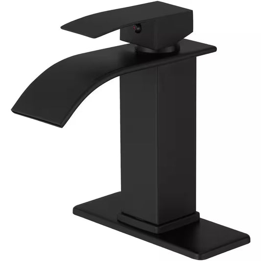 Waterfall Single Handle Single Hole Low-Arc Bathroom Faucet Bathroom Drip-Free Vanity Sink Faucet in Matte Black