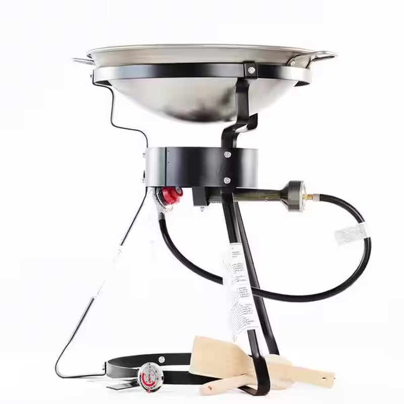 54,000 BTU Bolt Together Portable Propane Gas Outdoor Cooker with Special Recessed Wok Ring and 18 In. Steel Wok
