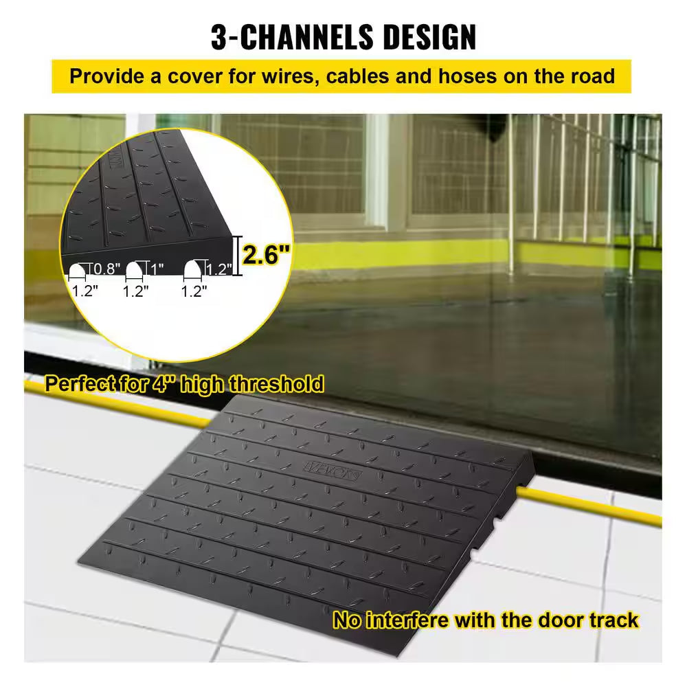 Rubber Threshold Ramp 2,202 Lbs. Load Cap Threshold Ramp Doorway 2.5 In. Rise and 3 Channels for Wheelchair and Scooter