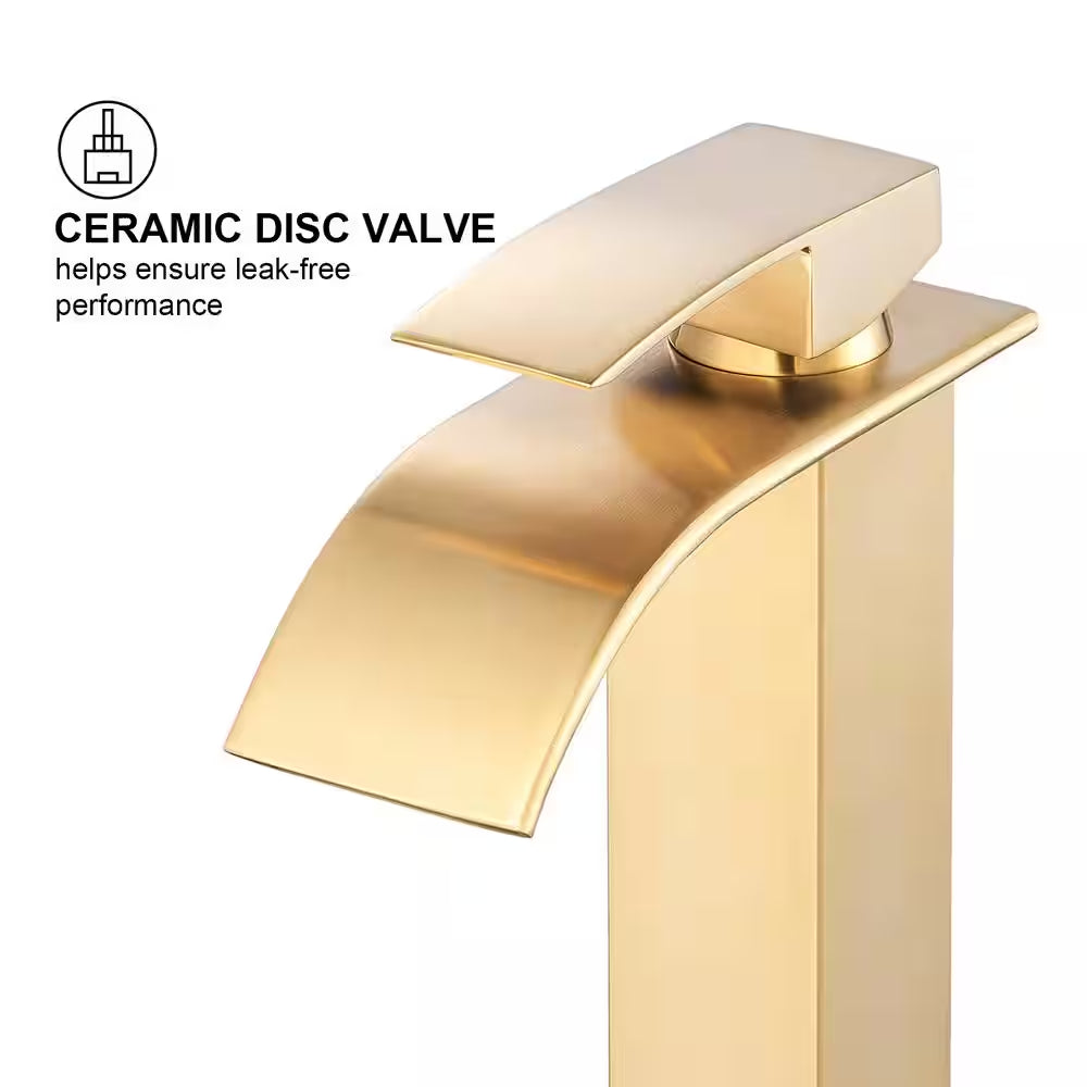 Single-Handle Arc Single-Hole Bathroom Faucet with Waterfall in Brushed Gold