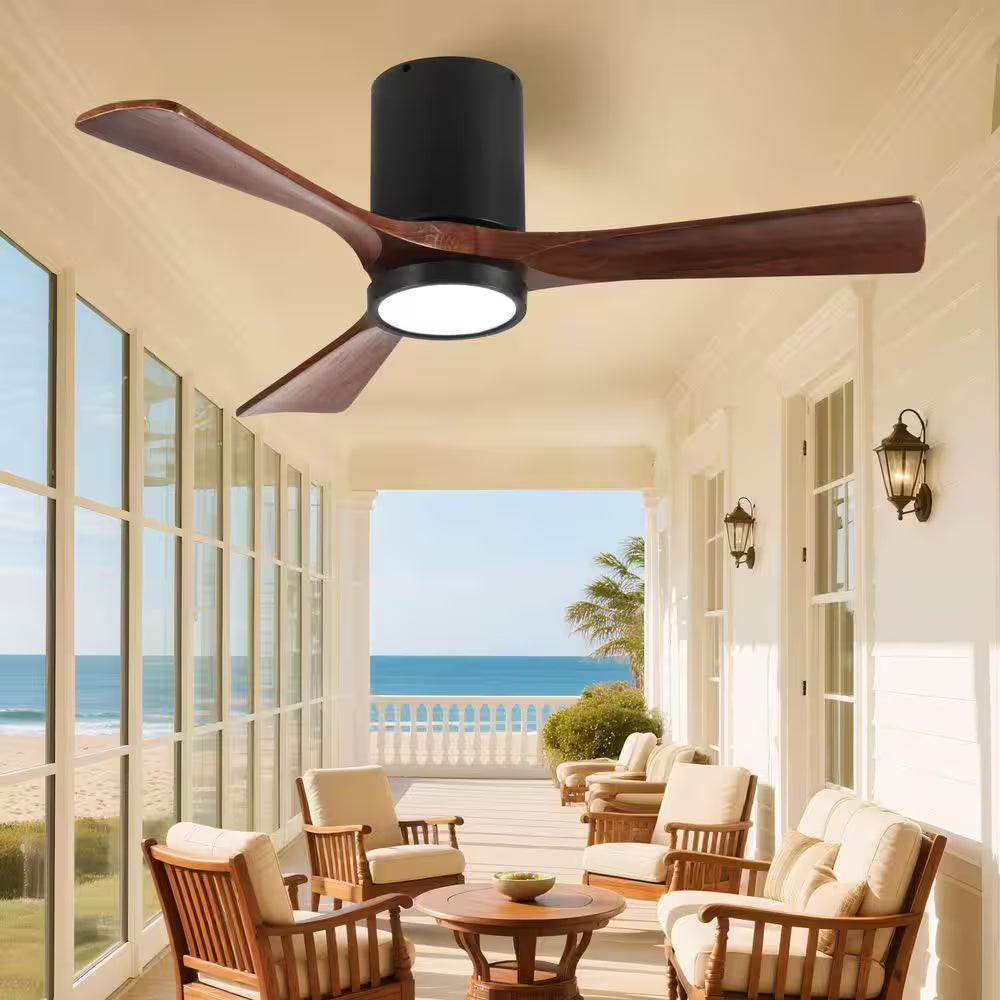 42 Inch Indoor Black Solid Wood 6 Speeds Remote Ceiling Fan with 3 Colors Dimmable LED Light and Reversible DC Motor