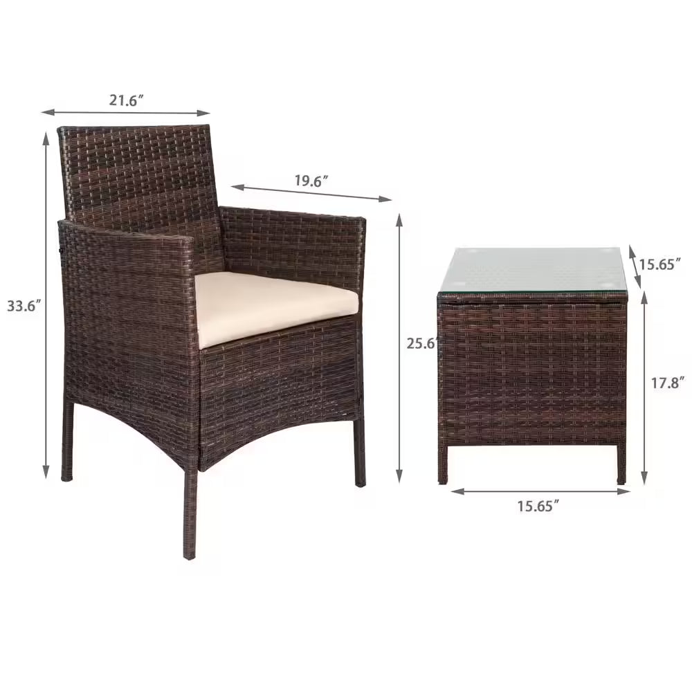 Brown 3-Pieces Patio Furniture PE Rattan Outdoor Conversation Set W/Table Backyard Garden Set with Beige Cushion