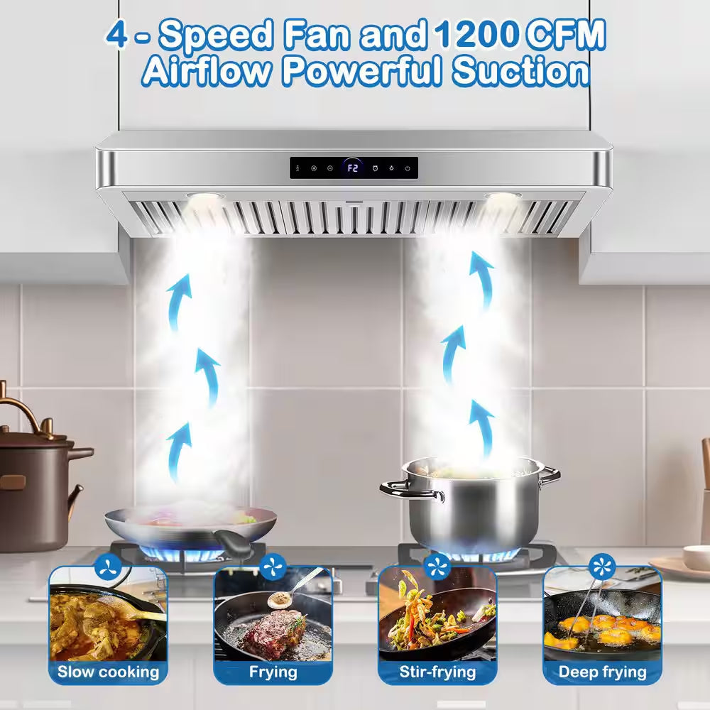 36 In. 1200 CFM Convertible under Cabinet Range Hood in Stainless Steel with 4-Speed Settings, Built-In Oil Cup