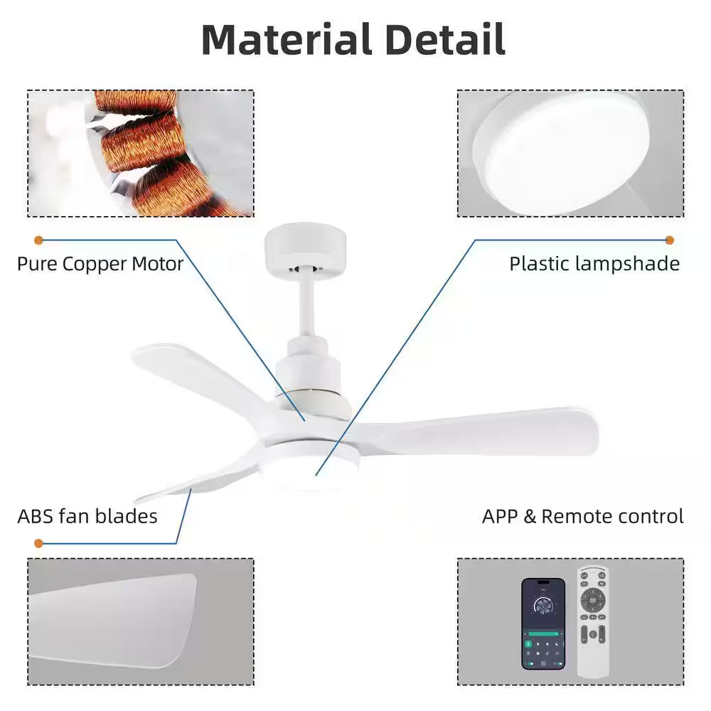 42 In. Smart White 6-Speed White Blades Downrod Mount Standard Ceiling Fan with Dimmable LED Light Included Remote