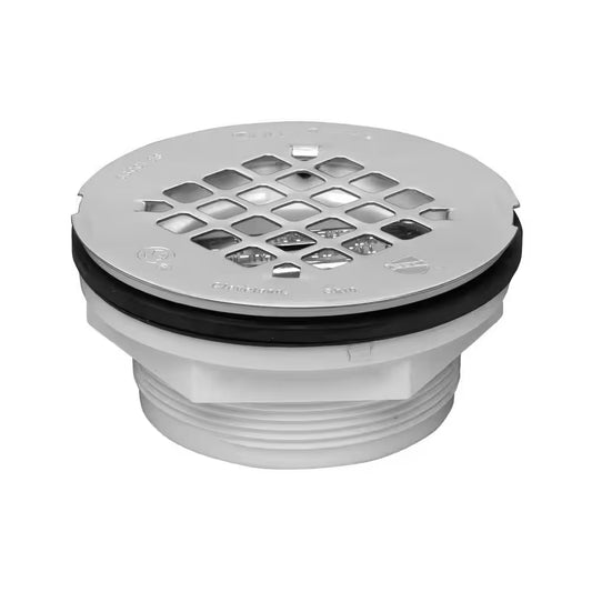 Round No-Caulk White PVC Shower Drain with 4-1/4 In. round Snap-In Stainless Steel Drain Cover