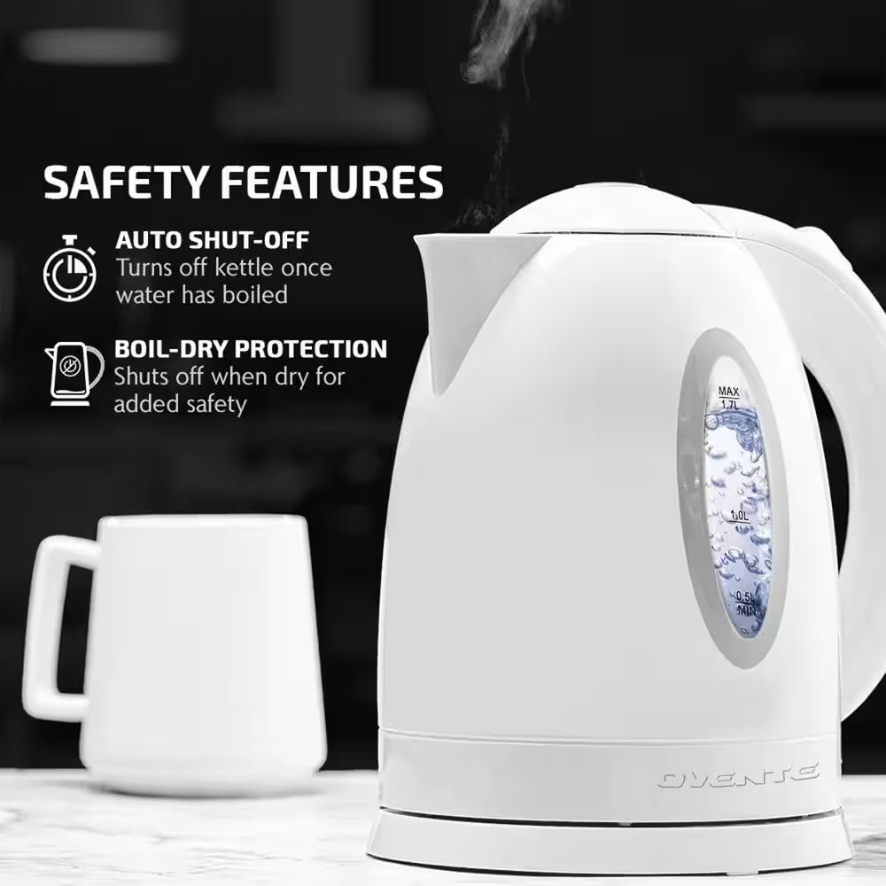 7-Cup Bpa-Free White Electric Kettle with Auto Shut off Feature, Boil-Dry Protection and Removable Filter