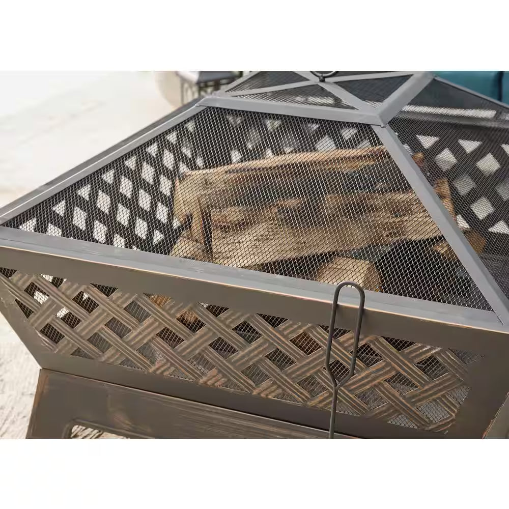 Tipton 34.00 In. W Rubbed Bronze Steel Wood Outdoor Fire Pit with Screen and Poker Included