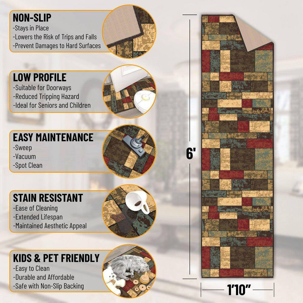 Ottohome Collection Non-Slip Rubberback Boxes Design 2 X 6 Indoor Runner Rug, 1 Ft. 10 In. X 6 Ft., Multicolor