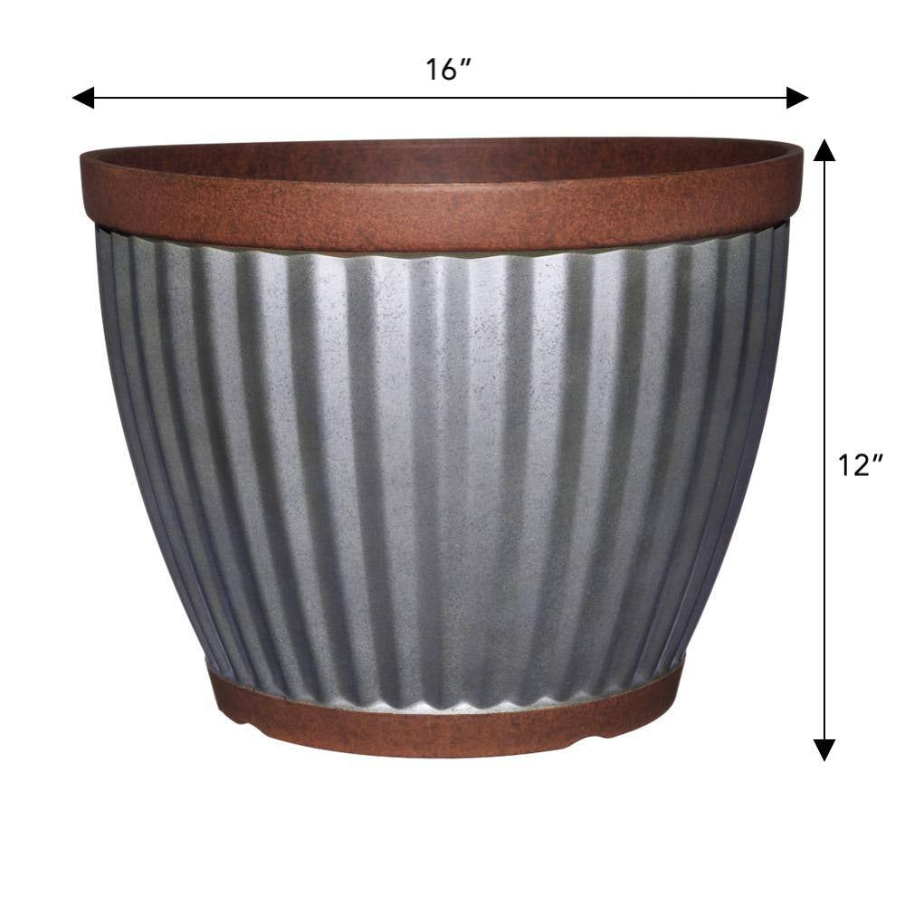 Spokane Medium Galvanized Resin round Planter with Copper Rim (16 In. L X 16 In. W X 12 In. H)
