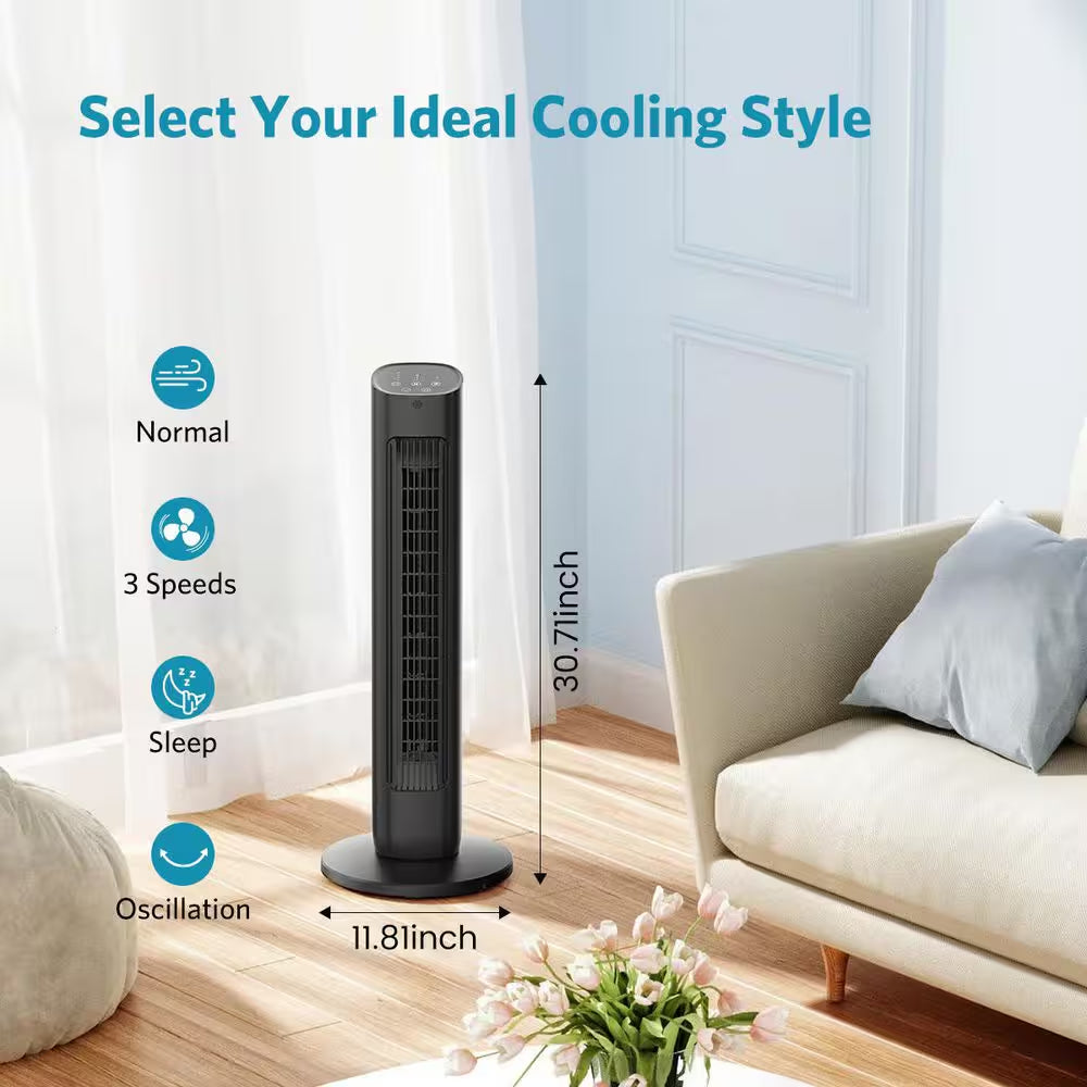 30.71 In. 3-Speed Oscillating Tower Fan in Black with 3-Modes, 85° Oscillating, Timer and Remote Control