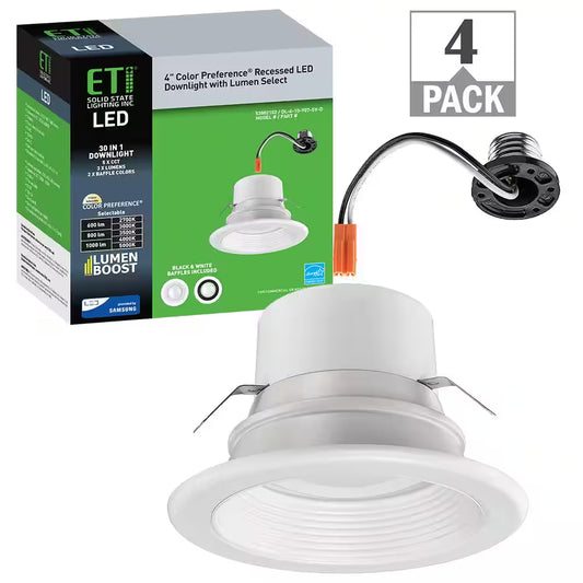 4 In. 30 Lighting Options Integrated LED Recessed Light Trim Adjustable CCT New Construction Remodel Indoor (4-Pack)