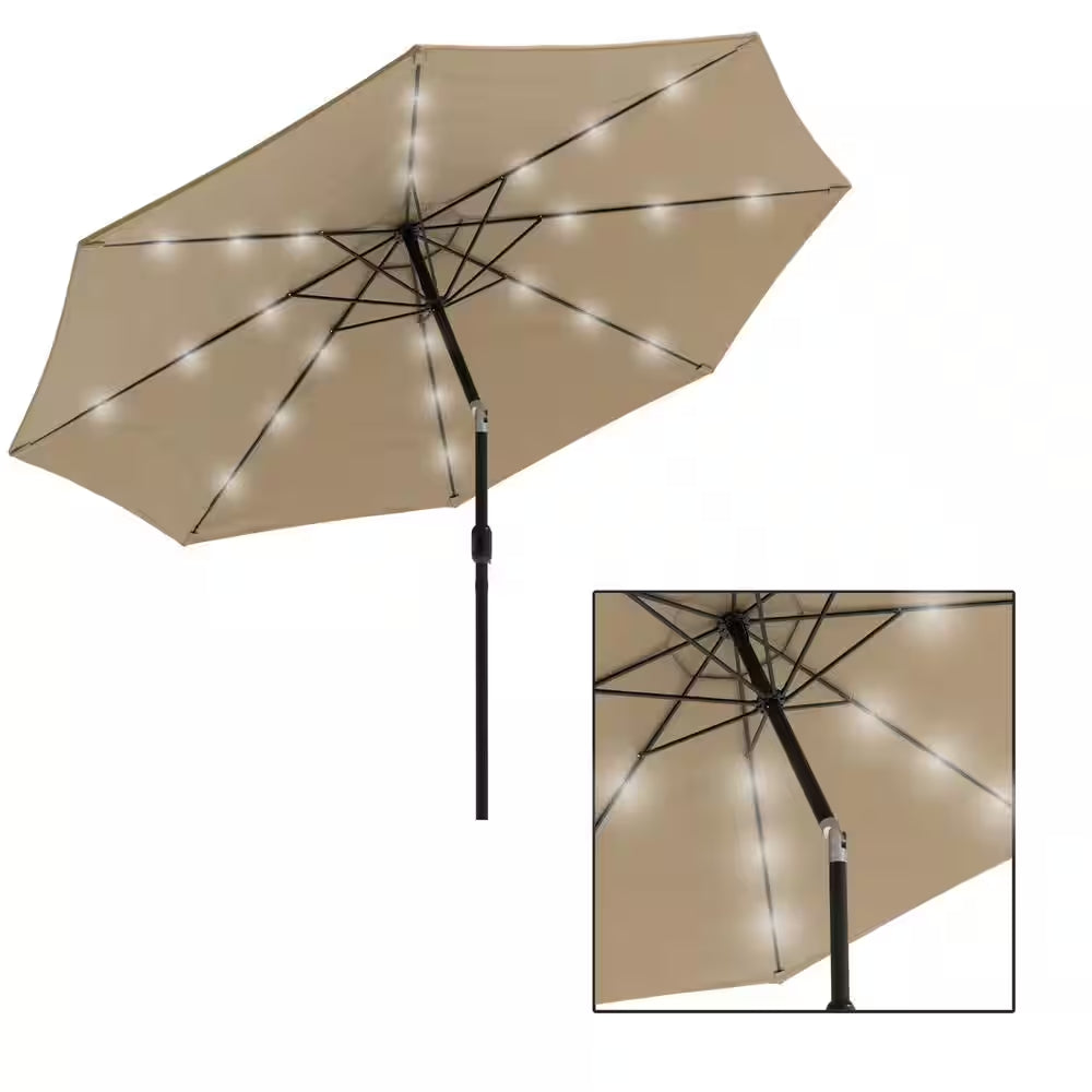 10 Ft. Aluminum Solar LED Lighted Patio Market Umbrella with Auto Tilt, Easy Crank Lift in Tan