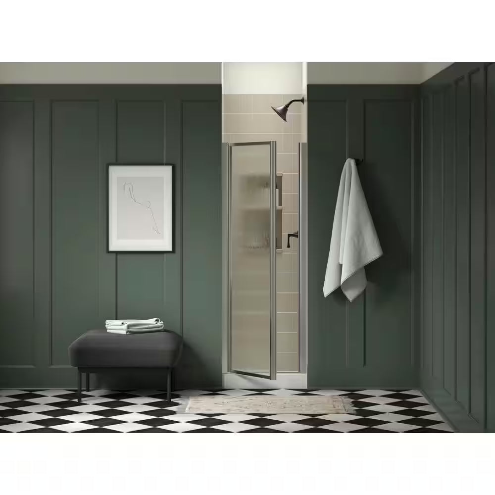 Standard 24-25 In. W X 64 In. H Pivot Shower Door in Silver with 1/8 In. Thick Rain Textured Glass