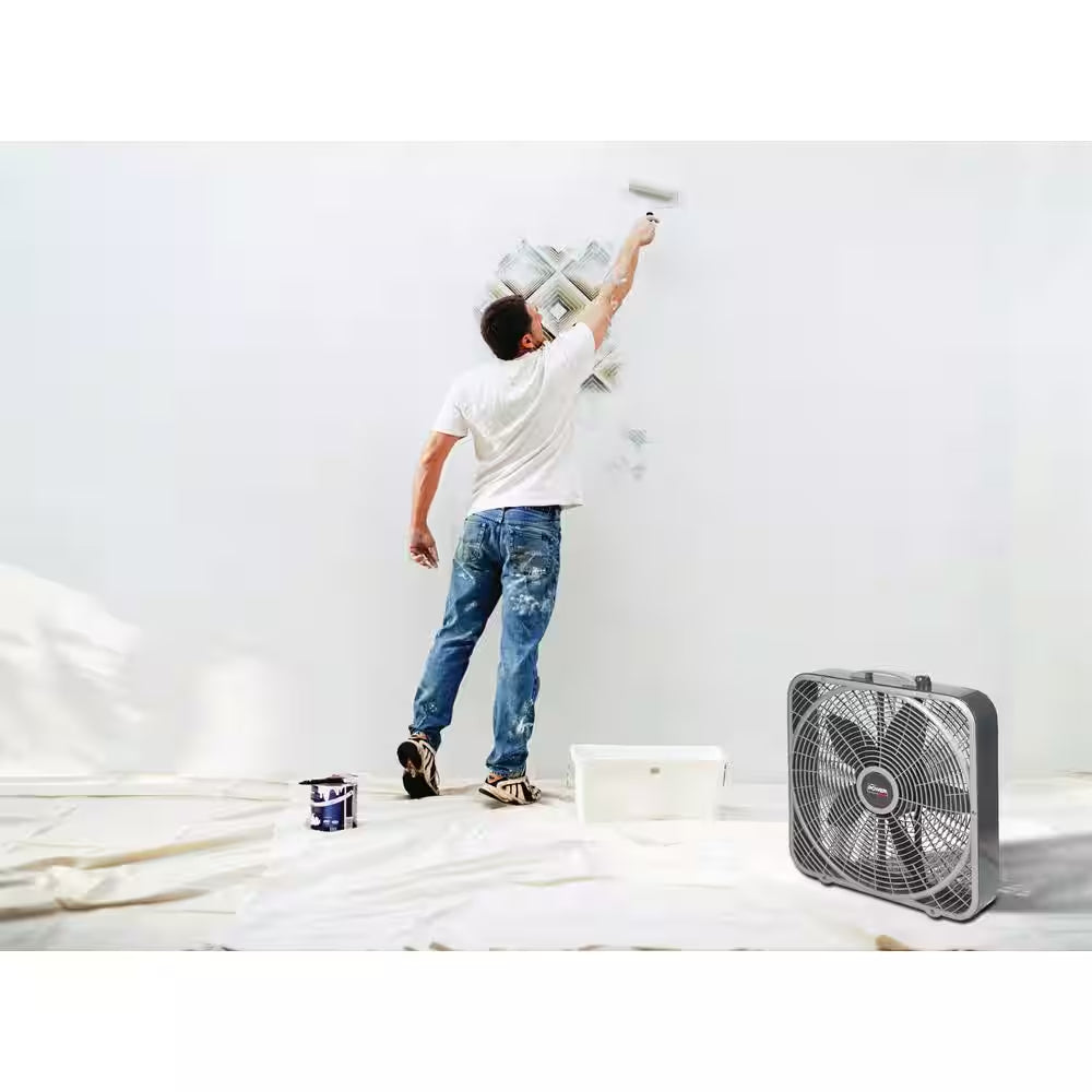 Power plus 20 In. 3 Speed Box Fan for Home in Gray with Weather Shield Design for Window Use, 2000 CFM, Carry Handle