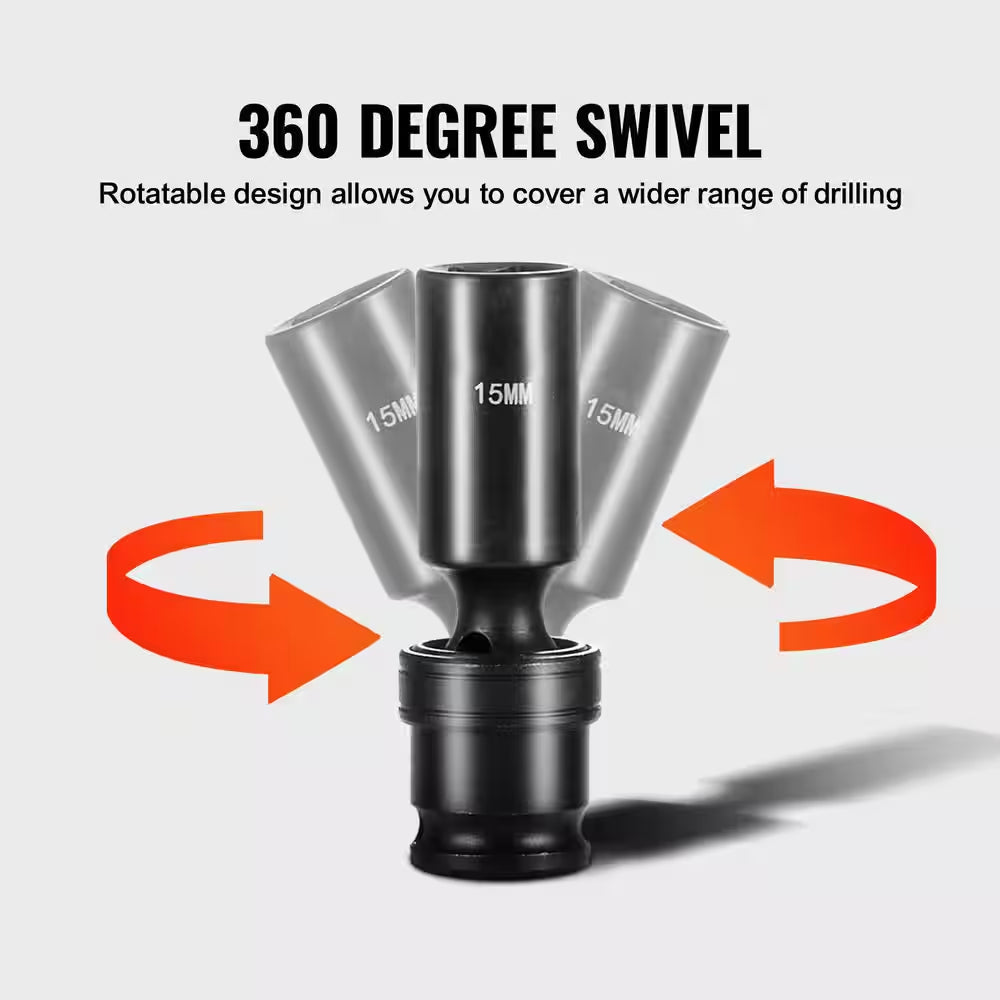 360° Swivel Impact Socket Set, 3/8 In. Socket Set 14-Pieces Deep Universal Metric 10-19Mm, 6 Point Cr-Mo Alloy Steel