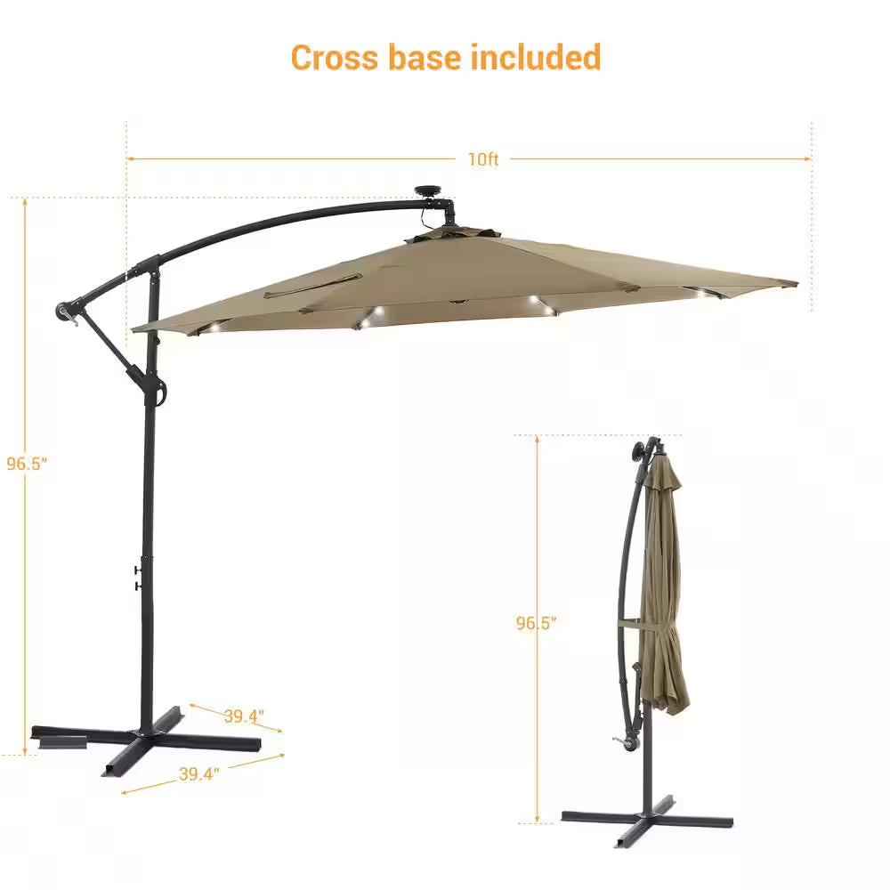 10 Ft. Patio Offset Solar LED Umbrellas 50 plus UV Protection Cantilever outside Umbrellas, Taupe