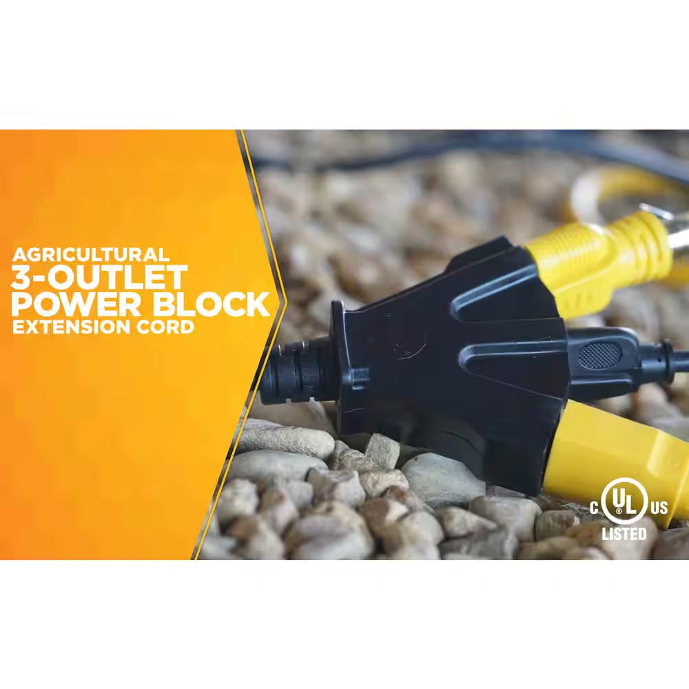 25 Ft. 14/3 SJTOW Agricultural Outdoor Heavy-Duty Extension Cord with Power Block