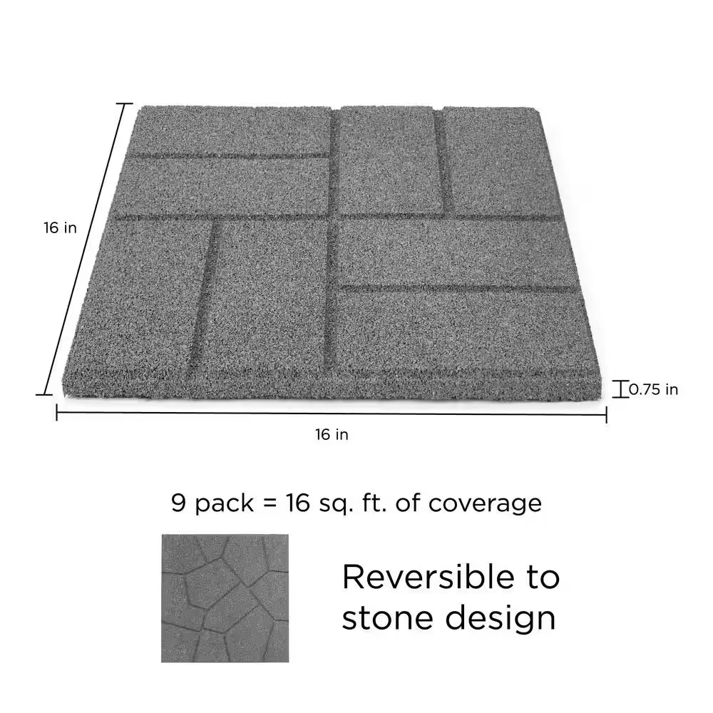 16 In. X 16 In. X 3/4 In. Gray Dual-Sided Rubber Paver (9-Pack)
