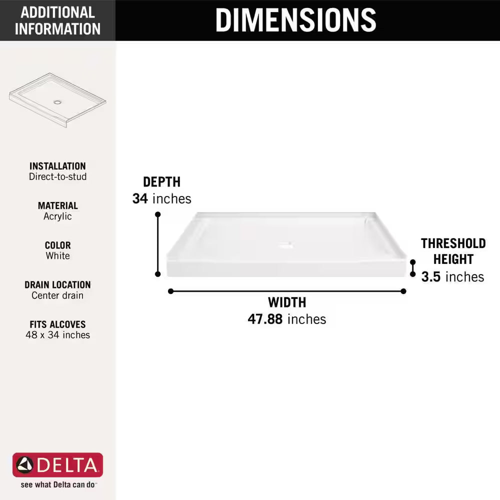 Classic 500 48 In. L X 34 In. W Alcove Shower Pan Base with Center Drain in High Gloss White