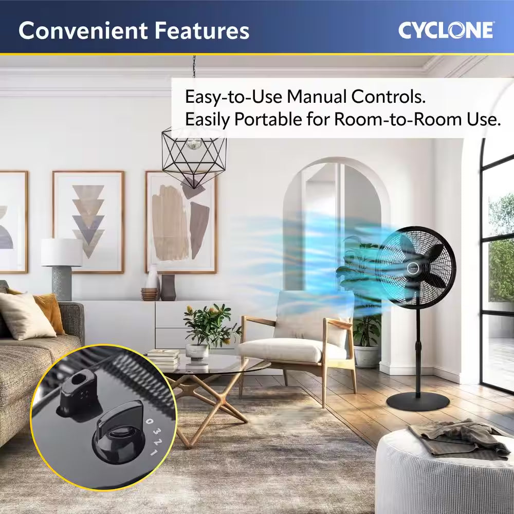 Cyclone 18 In. 3 Speed Oscillating Pedestal Fan for Home in Black with Adjustable Height, Tilt Back Head, Easy Assembly
