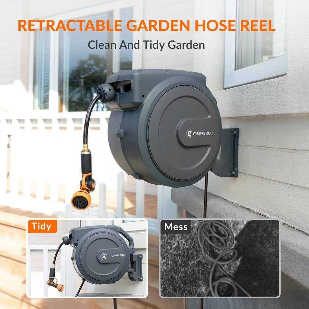 Garden Retractable Hose Reel-1/2 In.-78 Ft. Wall Mounted, Dark Grey, Metal Bracket