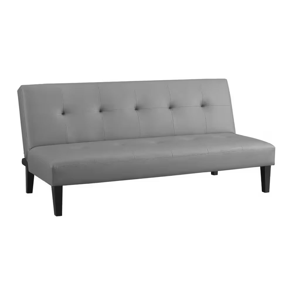 76.6 in Gray Faux Leather Armless Futon Sofa Bed with Wooden Legs - Rectangle Couch Featuring Button Tufting