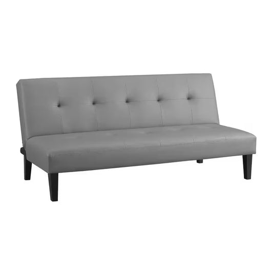 76.6 in Gray Faux Leather Armless Futon Sofa Bed with Wooden Legs - Rectangle Couch Featuring Button Tufting