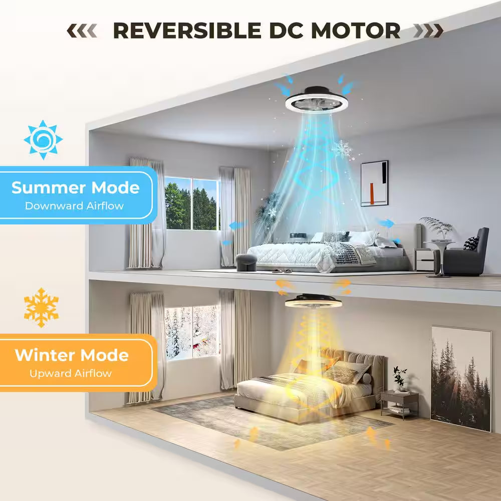 16 In. Smart Modern Indoor Black Low Profile Color Changing Standard Flush Mount Ceiling Fan Light with LED for Bedroom