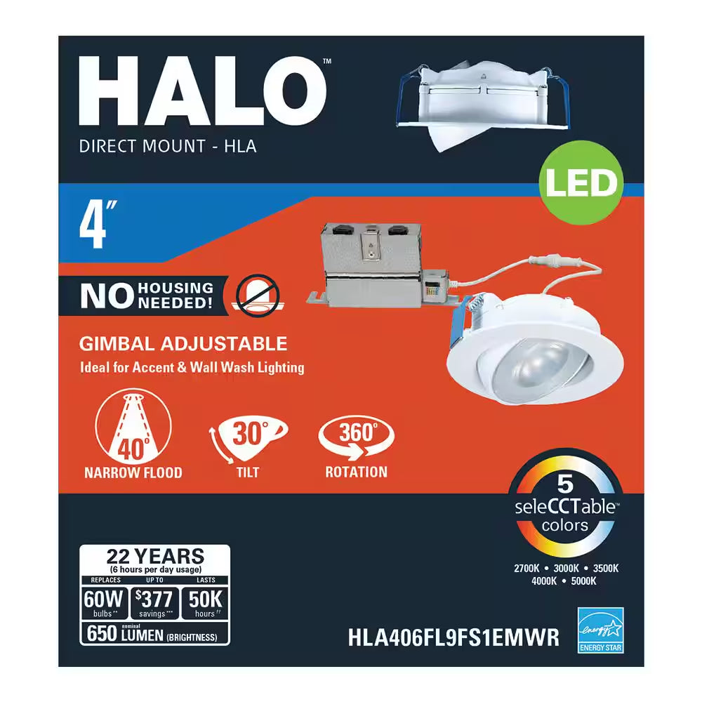 HLA 4 In. Color Selectable (2700K-5000K) Canless Recessed Narrow Beam Adjustable Gimbal Trim Integrated LED Kit