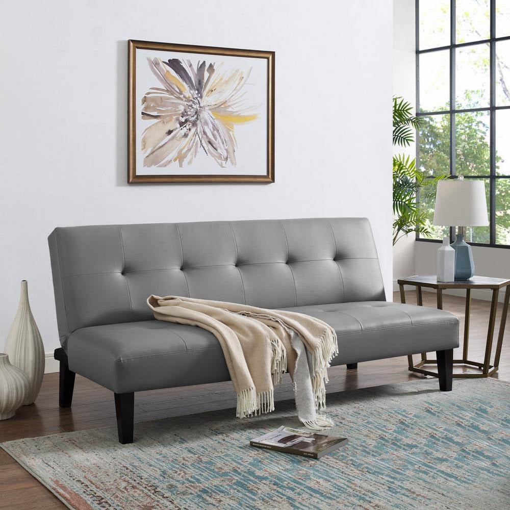 76.6 in Gray Faux Leather Armless Futon Sofa Bed with Wooden Legs - Rectangle Couch Featuring Button Tufting