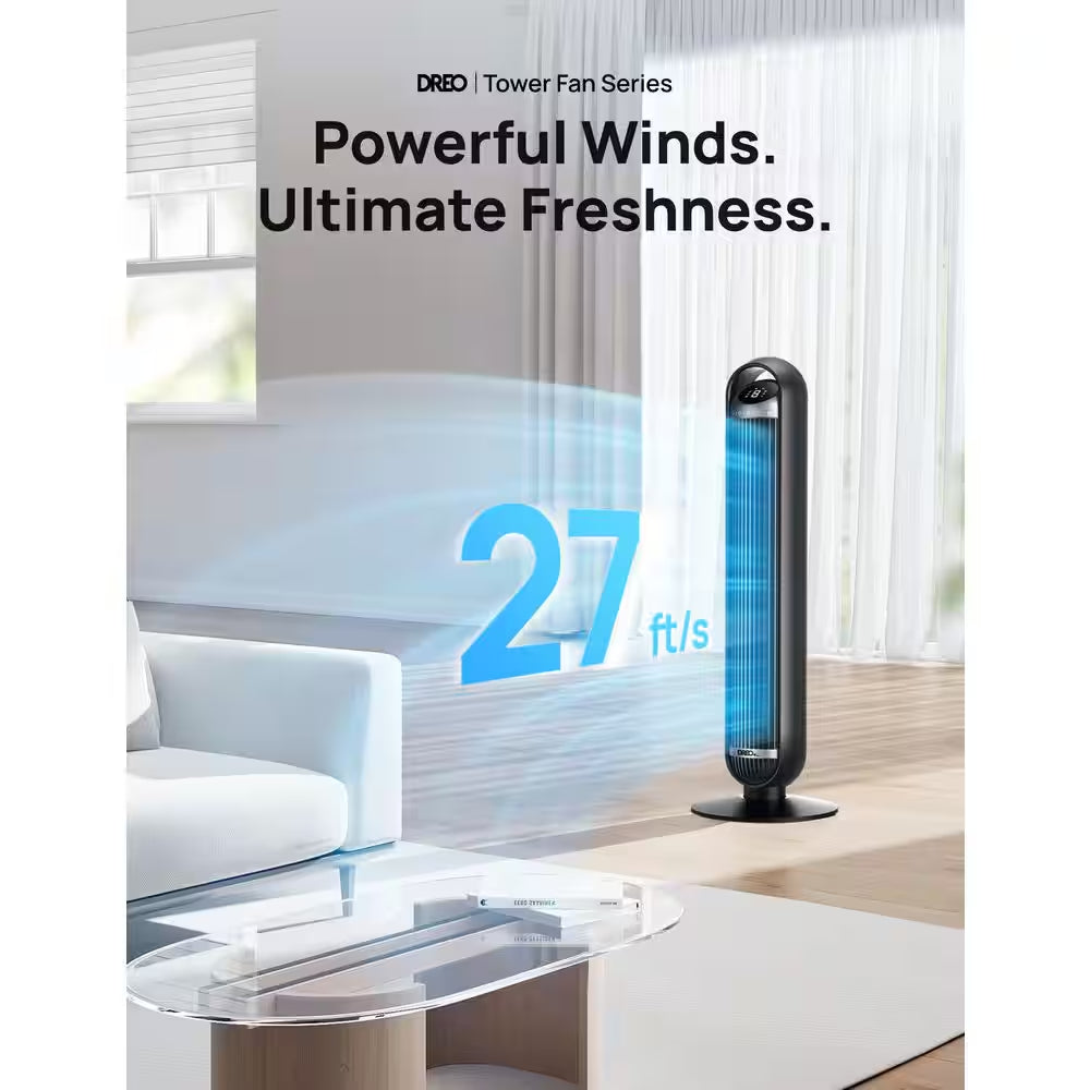36 In. Smart Tower Fan, 8 Speed, DC Motor, 25 DB Quiet, 90° Oscillating with Remote and Wi-Fi Voice Control in Black