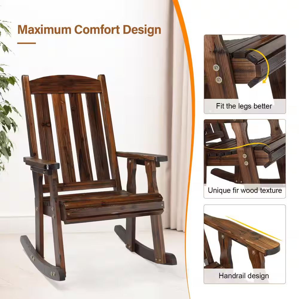 Rustic Heavy Duty 600 Lbs. Wood Outdoor Rocking Chair with Ergonomic Design for Garden, Yard, Patio