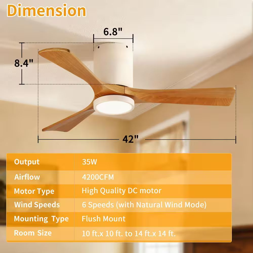 42 In. Smart White 6-Speed Solid Wood Brown Blade Flush Mount Ceiling Fan with 3-Color LED Light and APP, Remote Control