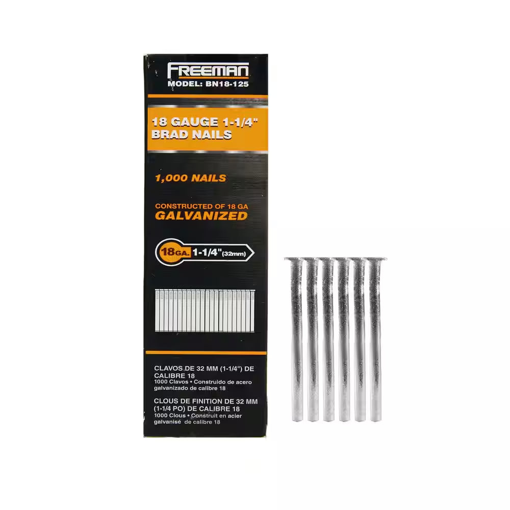 18-Gauge 1-1/4 In. Glue Collated Electrogalvanized Brad Nails - 1,000 Count - for Trim, Moulding, and Baseboards