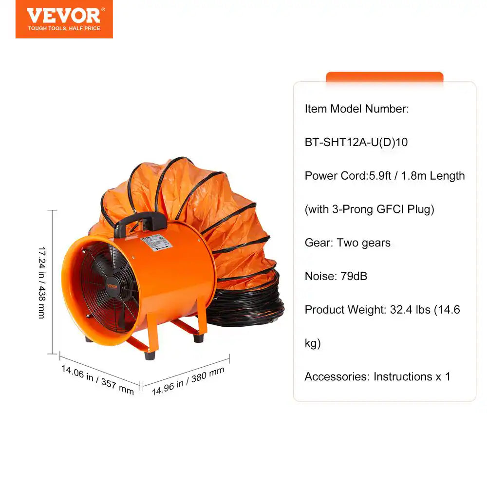 Portable Ventilator 12 In. Heavy Duty Blower Fan with 33 Ft. Duct Hose 560W Industrial Utility Blower 2894CFM, Orange