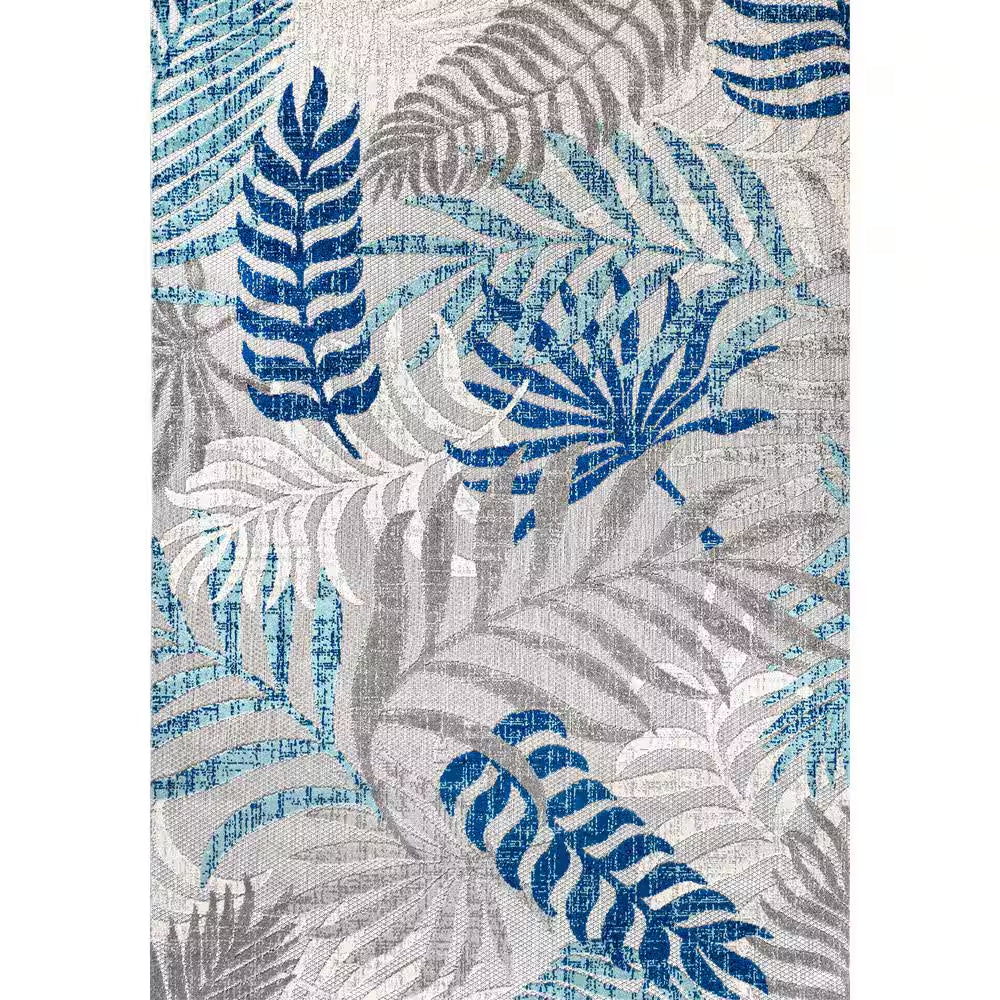 Tropics Palm Leaves Gray/Blue Indoor/Outdoor 8 Ft. X 10 Ft. Area Rug