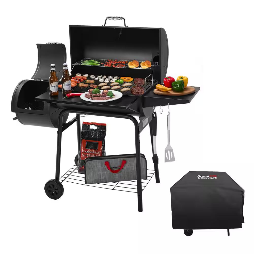 Charcoal Grill with Offset Smoker and Side Table in Black plus a Cover