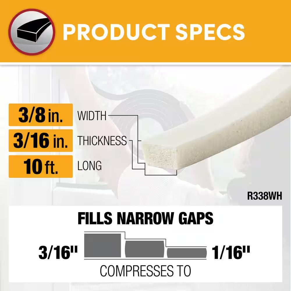 3/8 In. X 3/16 In. X 10 Ft. White High-Density Rubber Foam Weatherstrip Tape