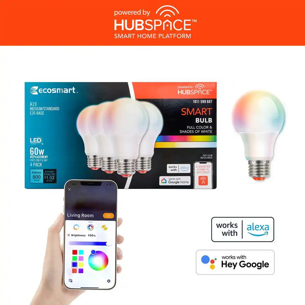 60-Watt Equivalent Smart A19 Color Changing CEC LED Light Bulb with Voice Control (4-Bulb) Powered by Hubspace