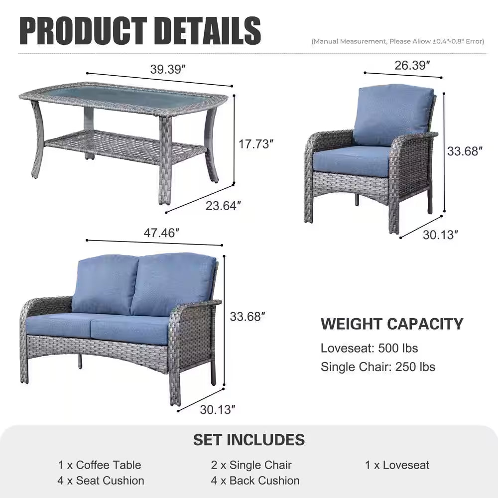Denali Gray 4-Piece 4-Seat Wicker Modern Outdoor Patio Conversation Sofa Seating Set with Denim Blue Cushions