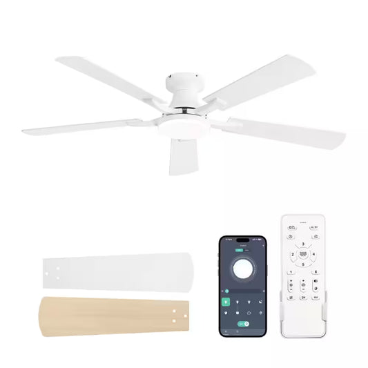 52 In. White Indoor Dimmable LED 6-Speed Low Profile Ceiling Fan with Lights and Remote Control Dual-Finish Blades