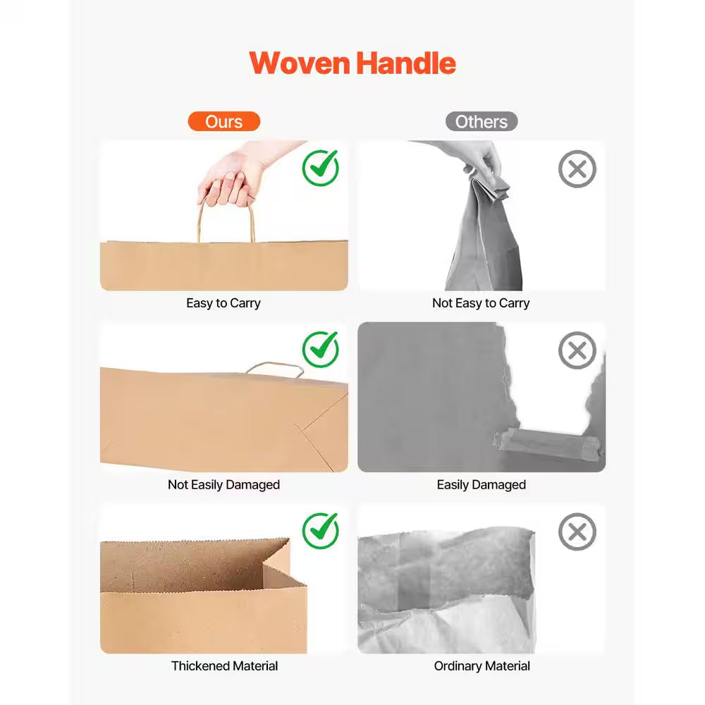100-Pack Kraft Paper Bags W/ Handles, 16 X 6 X 12 In. Large Reusable and Recyclable, 3 Lbs. Capacity Bags, 2.5Lb.