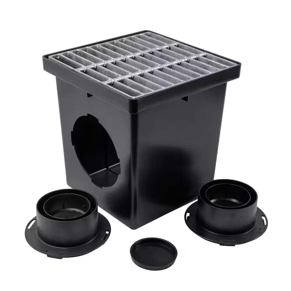 12 In. Plastic Square Drainage Catch Basin, 2 Opening Kit with Metal Grate