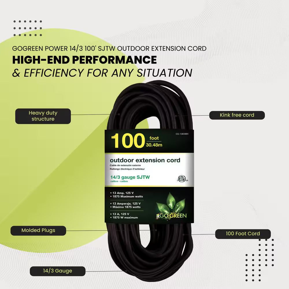 100 Ft. 14/3 SJTW Outdoor Extension Cord - Black