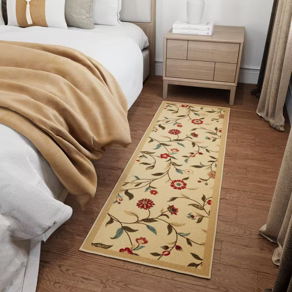 Ottohome Collection Non-Slip Rubberback Floral Leaves 2 X 5 Indoor Runner Rug, 1 Ft. 8 In. X 4 Ft. 5 In., Beige