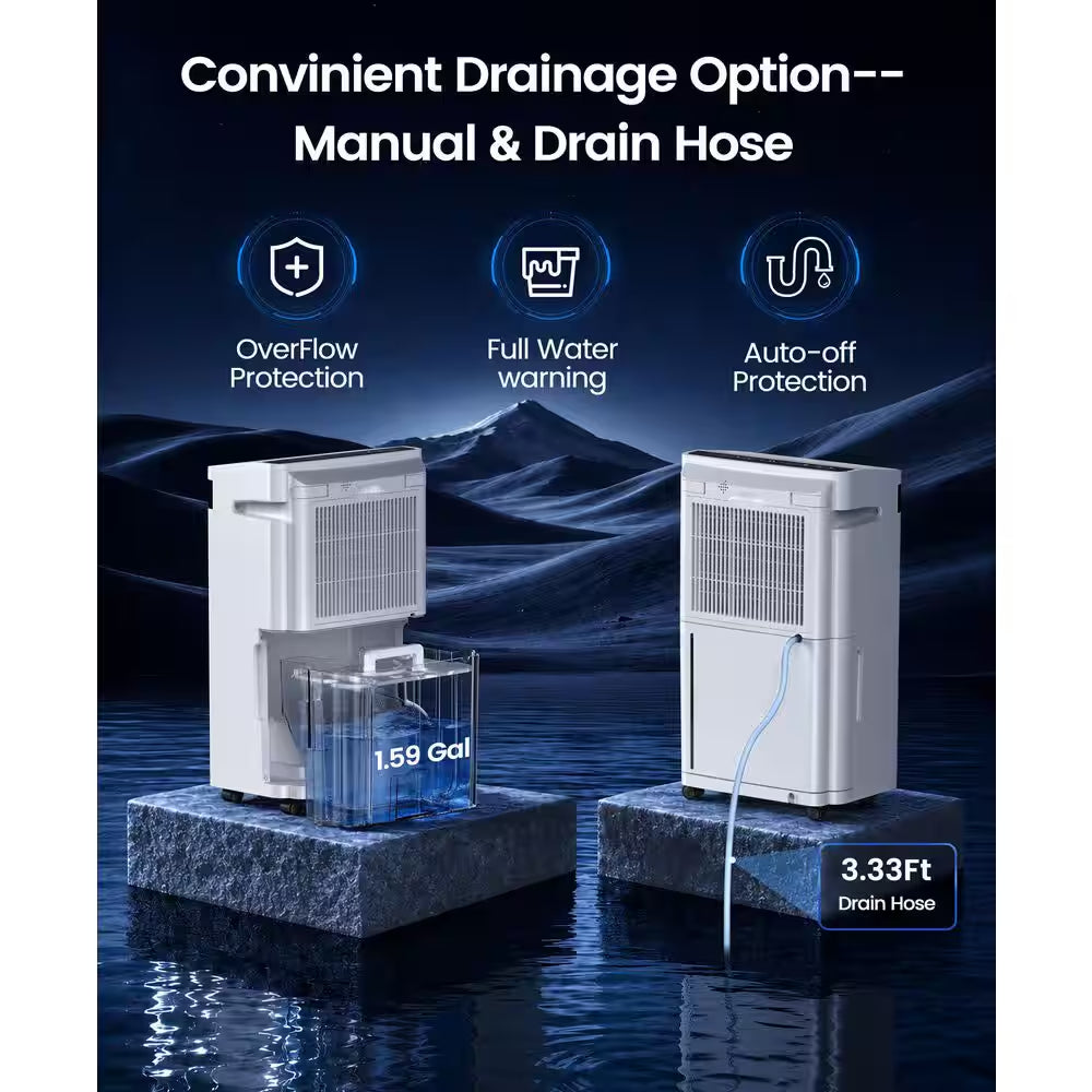 70 Pt. 5,500 Sq. Ft. Portable Dehumidifier for Basement with Bucket, Drain Hose, Auto Shutoff, Washable Filter (White)