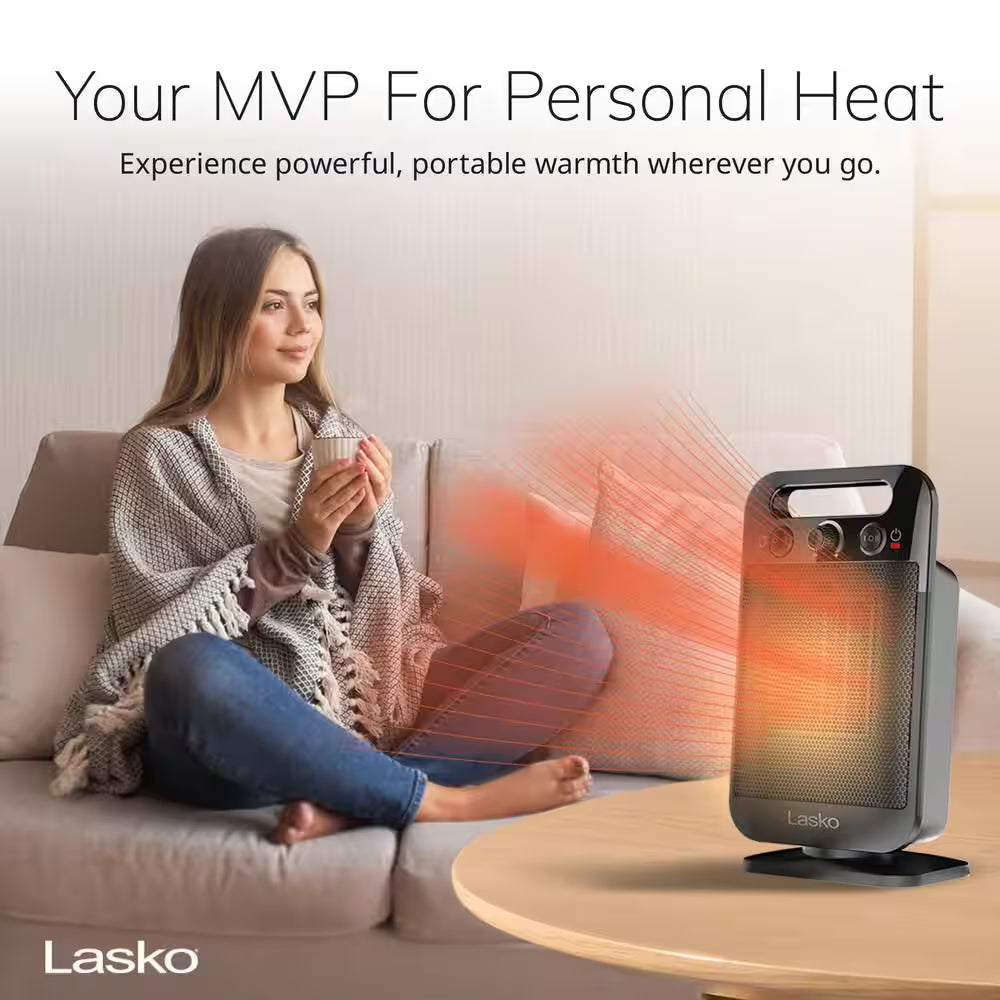 Myheat Go 1500-Watt 12 In. Black Electric Tabletop Ceramic Space Heater with Overheat Protection & Adjustable Thermostat