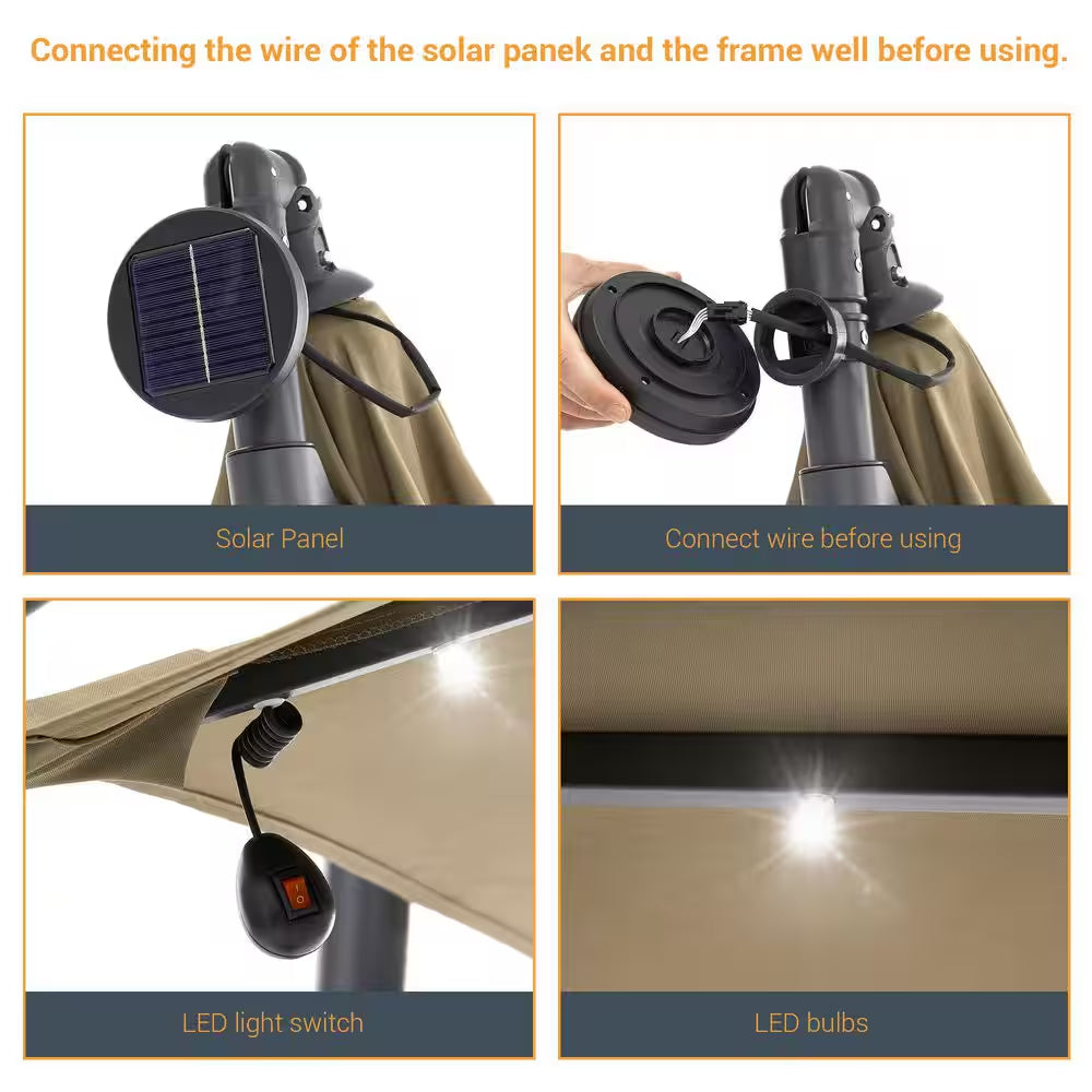 10 Ft. Patio Offset Solar LED Umbrellas 50 plus UV Protection Cantilever outside Umbrellas, Taupe