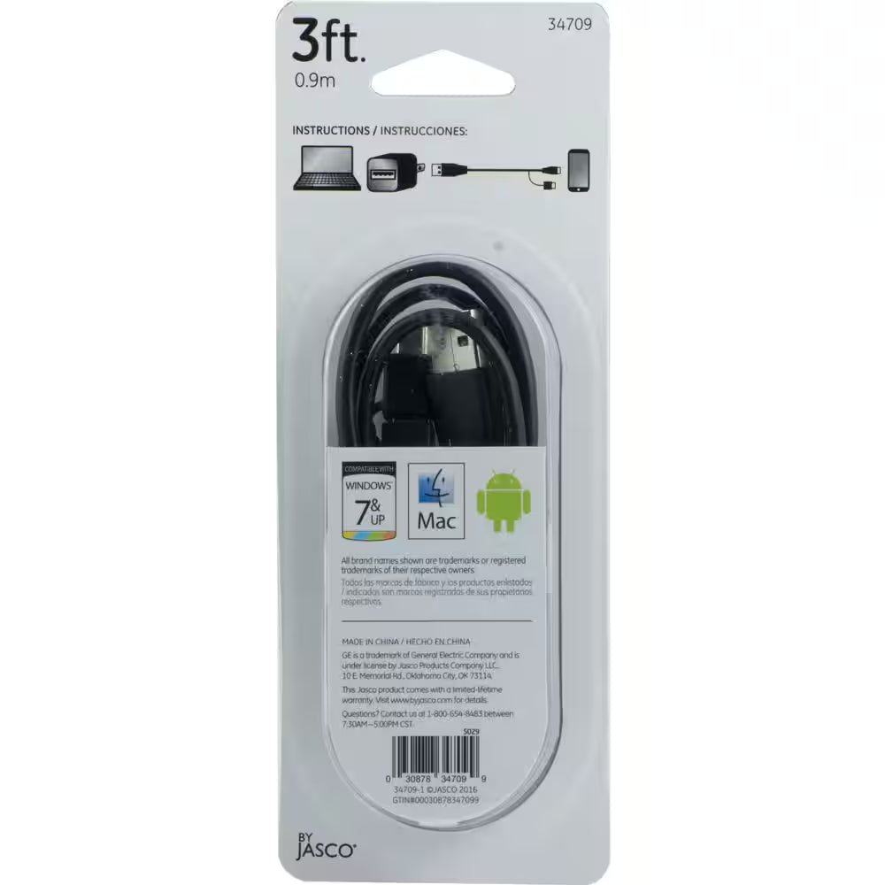 3 Ft. USB Micro, Mini Combo Cable with Adapter